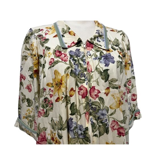 Vintage Smart Time Floral Zip Front Night Gown Robe Sz Large Womens Collared Bei - Picture 9 of 12